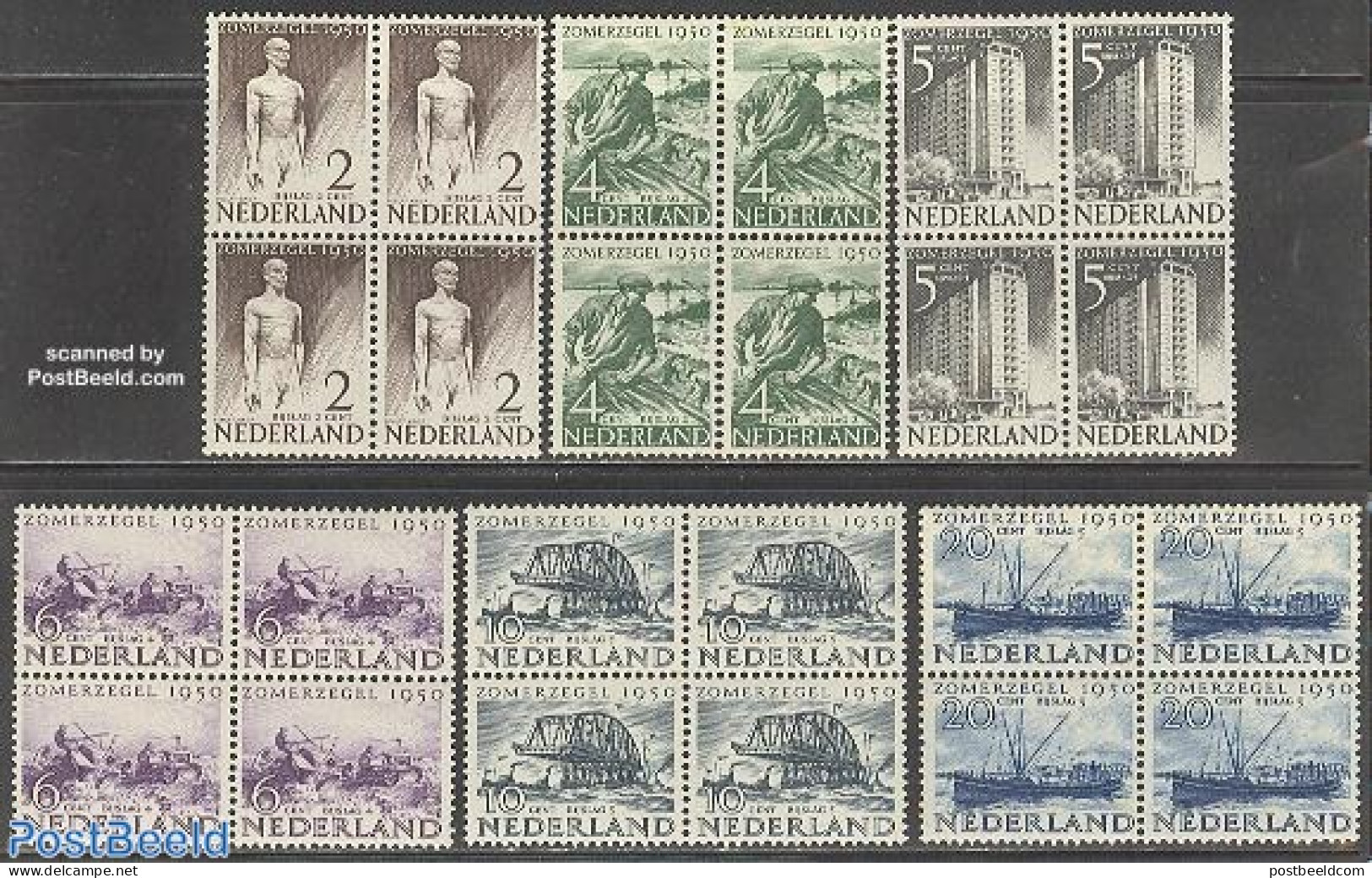 Netherlands 1950 Reconstruction 6v, Blocks Of 4 [+], Mint NH, Transport - Various - Ships And Boats - Agriculture - Ar.. - Unused Stamps