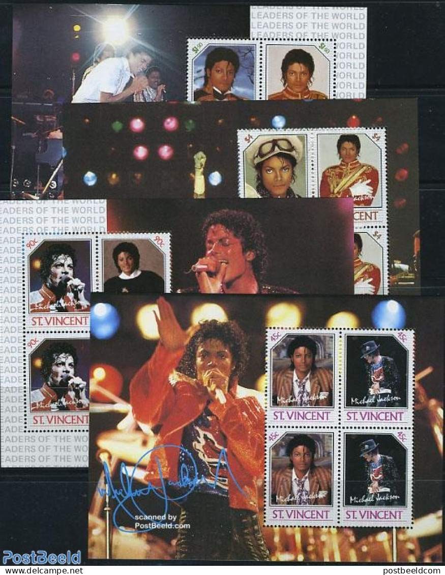 Saint Vincent 1985 Michael Jackson 4 M/ss, Mint NH, Performance Art - Michael Jackson - Music - Popular Music - Música