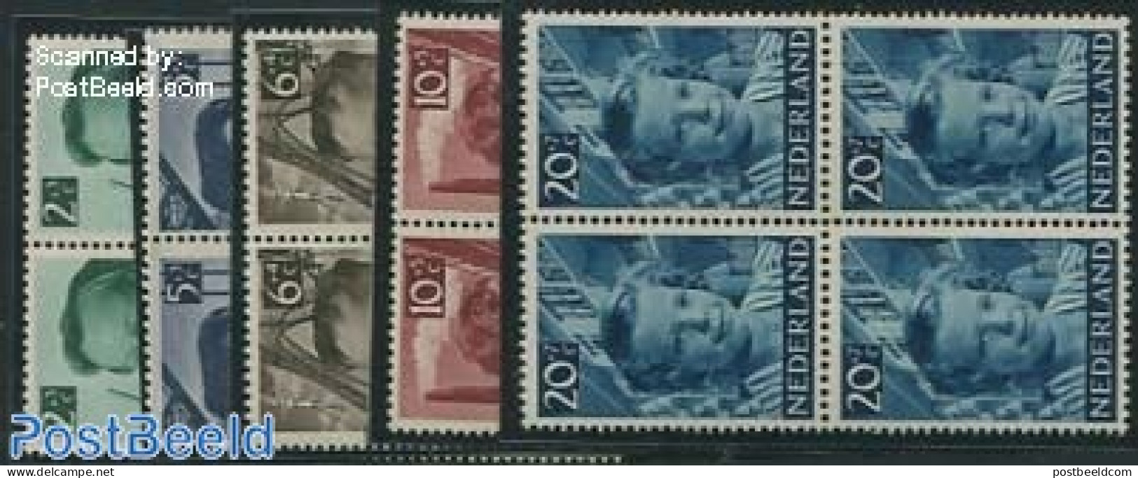 Netherlands 1951 Child Welfare 5v, Blocks Of 4 [+], Mint NH, Nature - Various - Fishing - Industry - Mills (Wind & Wat.. - Unused Stamps