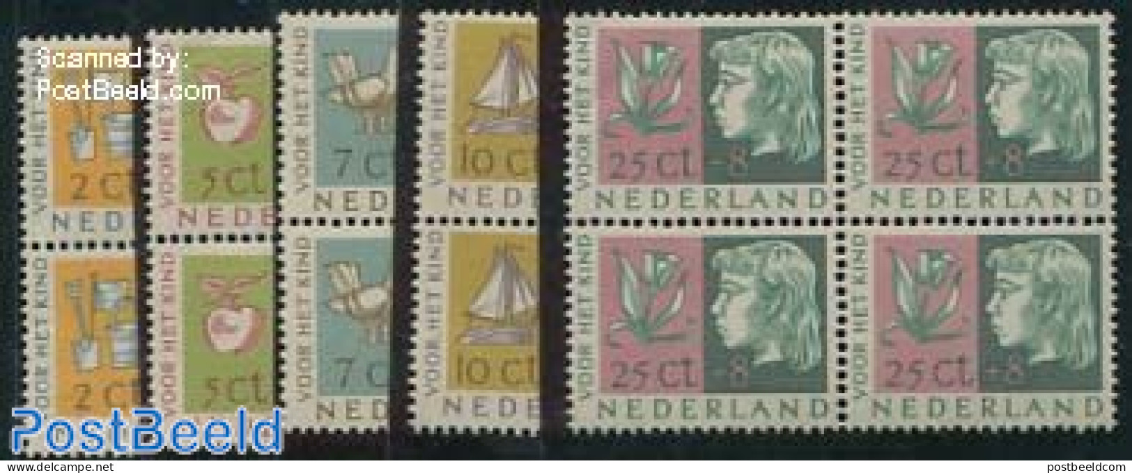 Netherlands 1953 Child Welfare 5v, Blocks Of 4 [+], Mint NH, Nature - Transport - Birds - Flowers & Plants - Fruit - S.. - Unused Stamps
