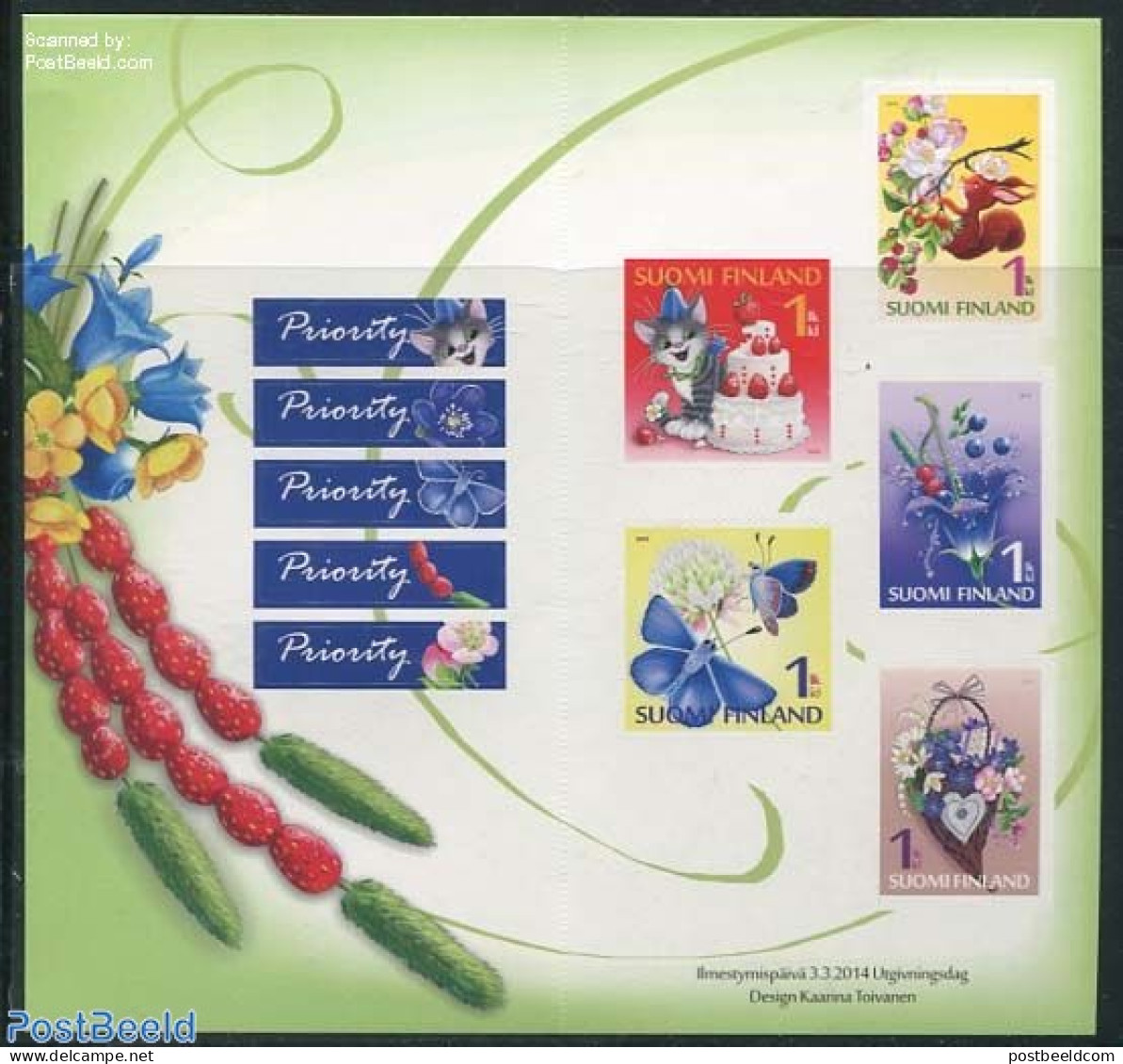 Finland 2014 Greeting Stamps 5v S-a In Foil Booklet, Mint NH, Nature - Various - Butterflies - Cats - Stamp Booklets -.. - Ongebruikt