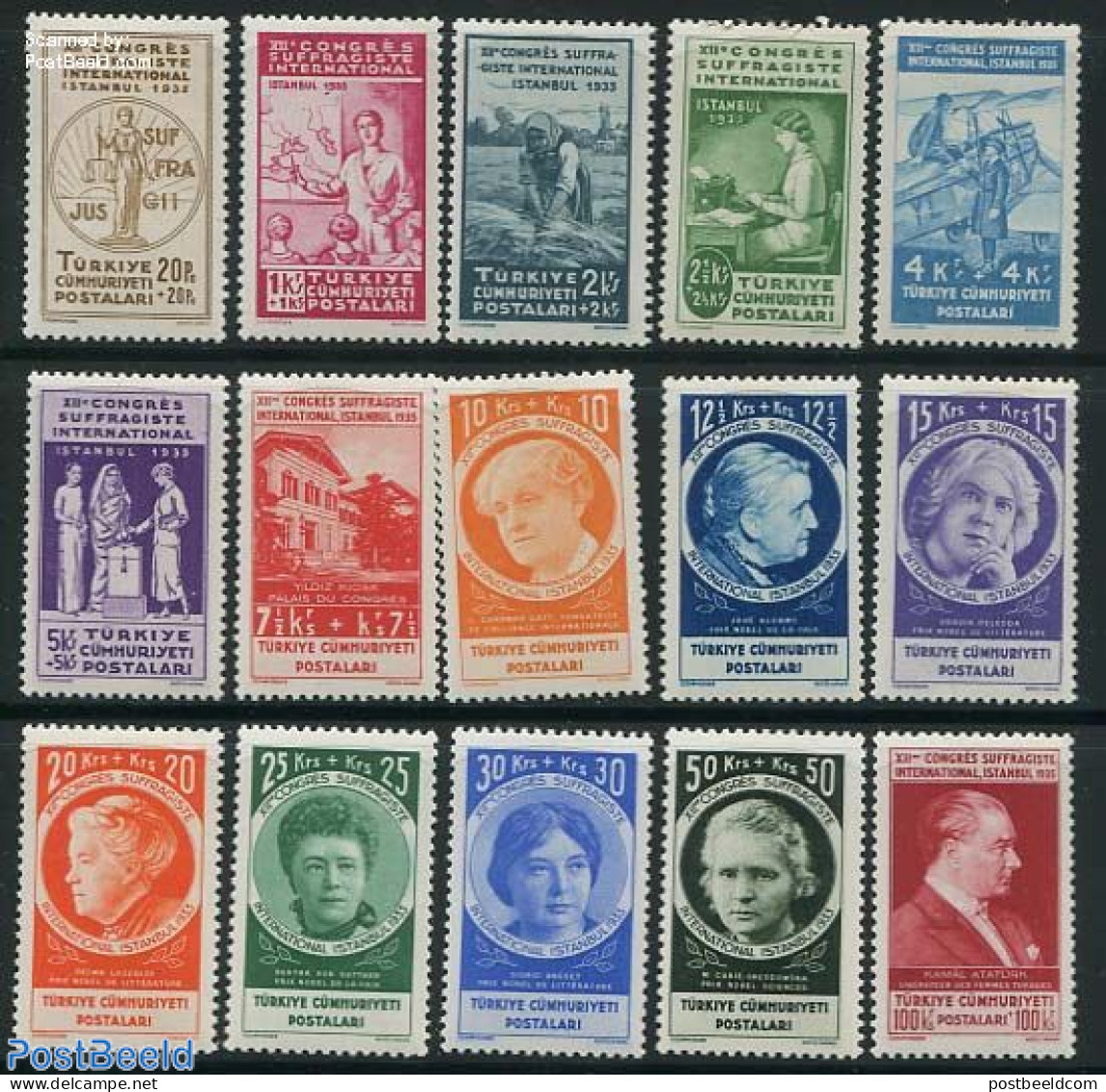 Turkey 1935 Woman Congress 15v, Unused (hinged), History - Science - Transport - Various - Nobel Prize Winners - Women.. - Other & Unclassified