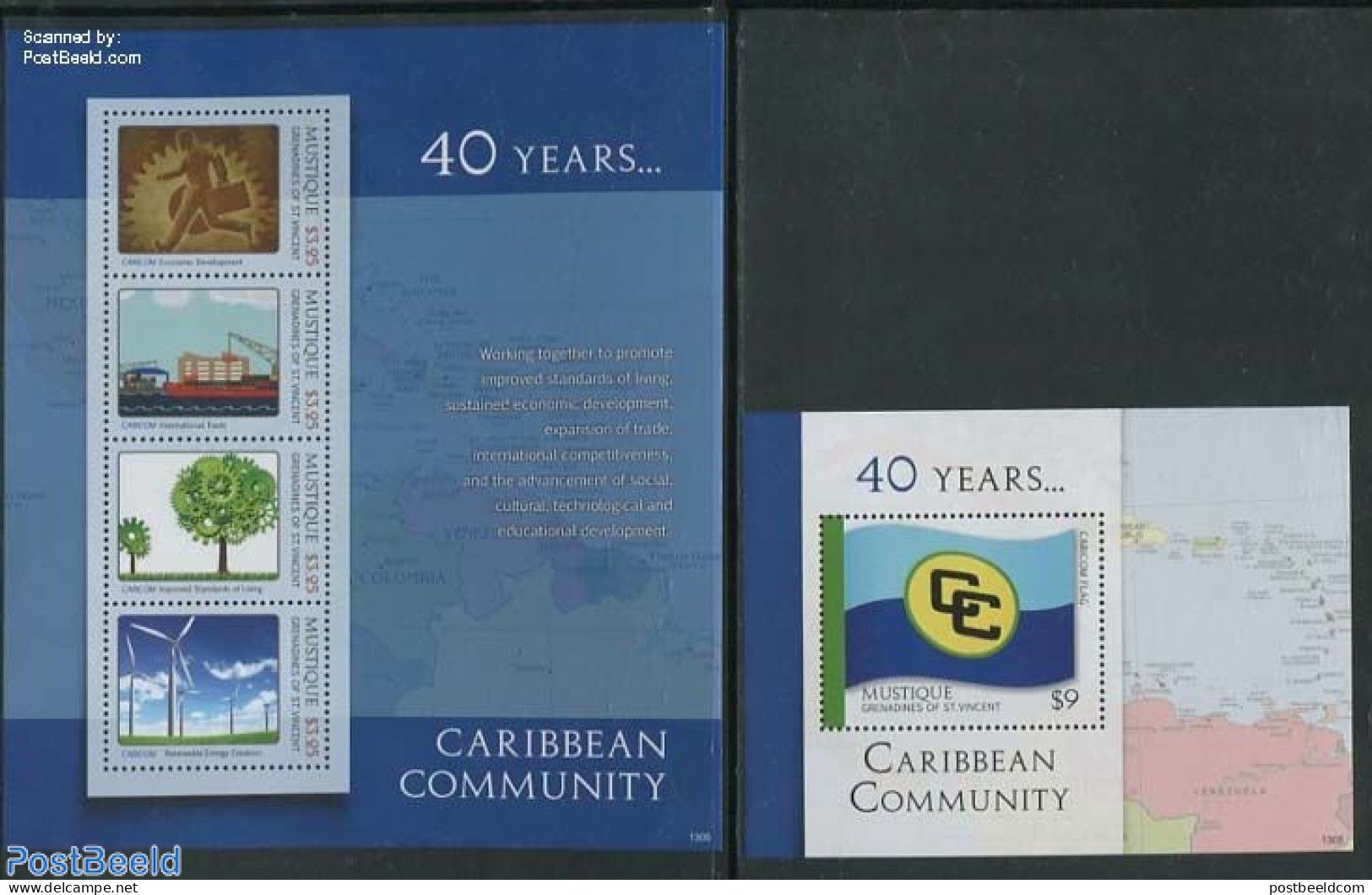 Saint Vincent & The Grenadines 2013 Mustique, 40 Years Caribbean Community 2 S/s, Mint NH, History - Transport - Vario.. - Ships