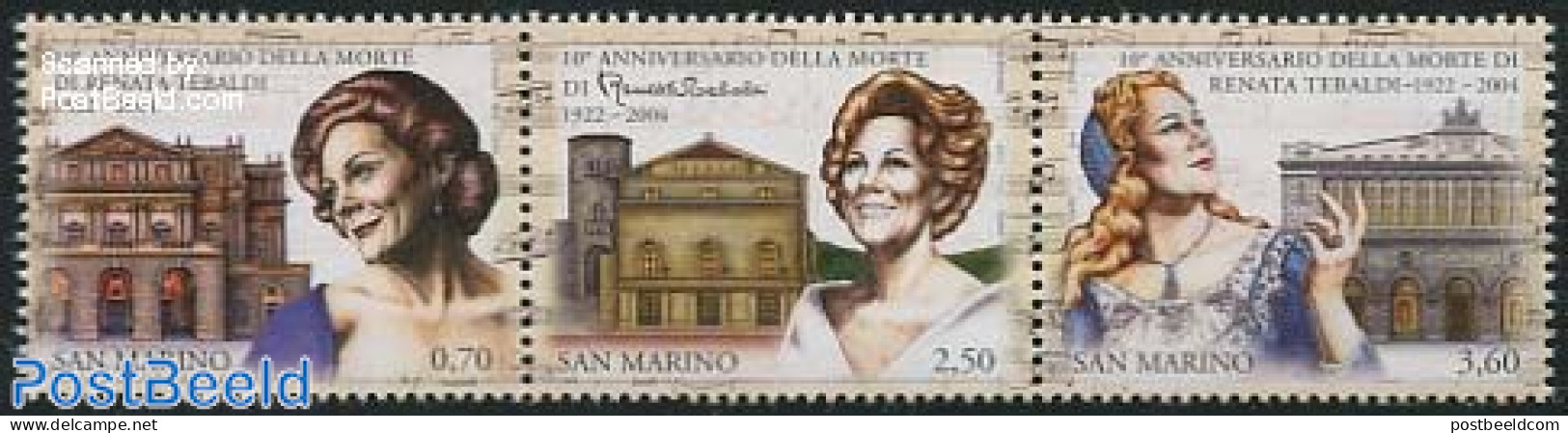 San Marino 2014 Renata Tebaldi 3v [::], Mint NH, Performance Art - Music - Staves - Theatre - Neufs