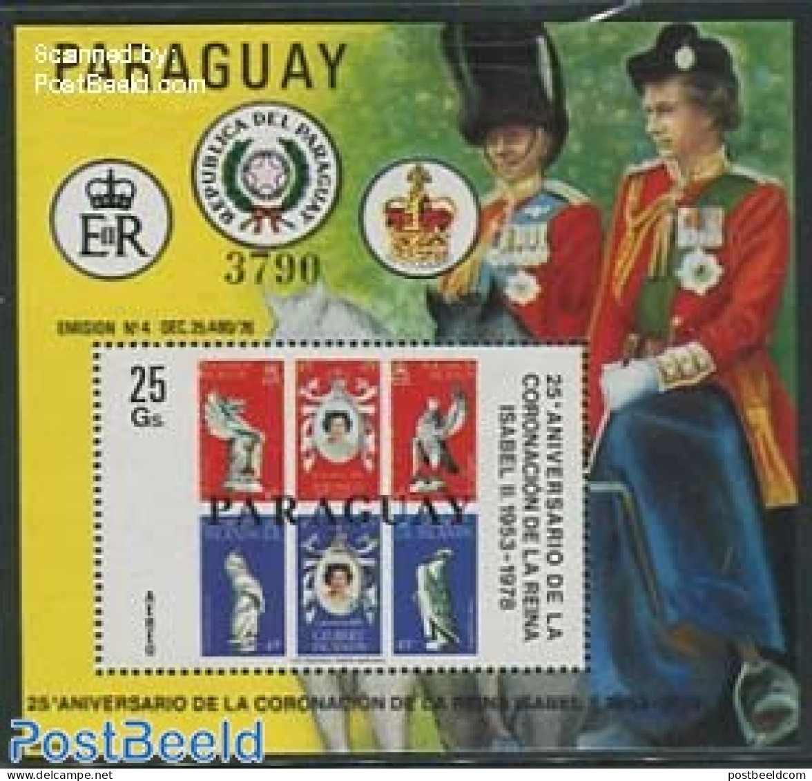 Paraguay 1978 Silver Coronation S/s, Mint NH, History - Kings & Queens (Royalty) - Stamps On Stamps - Koniklijke Families