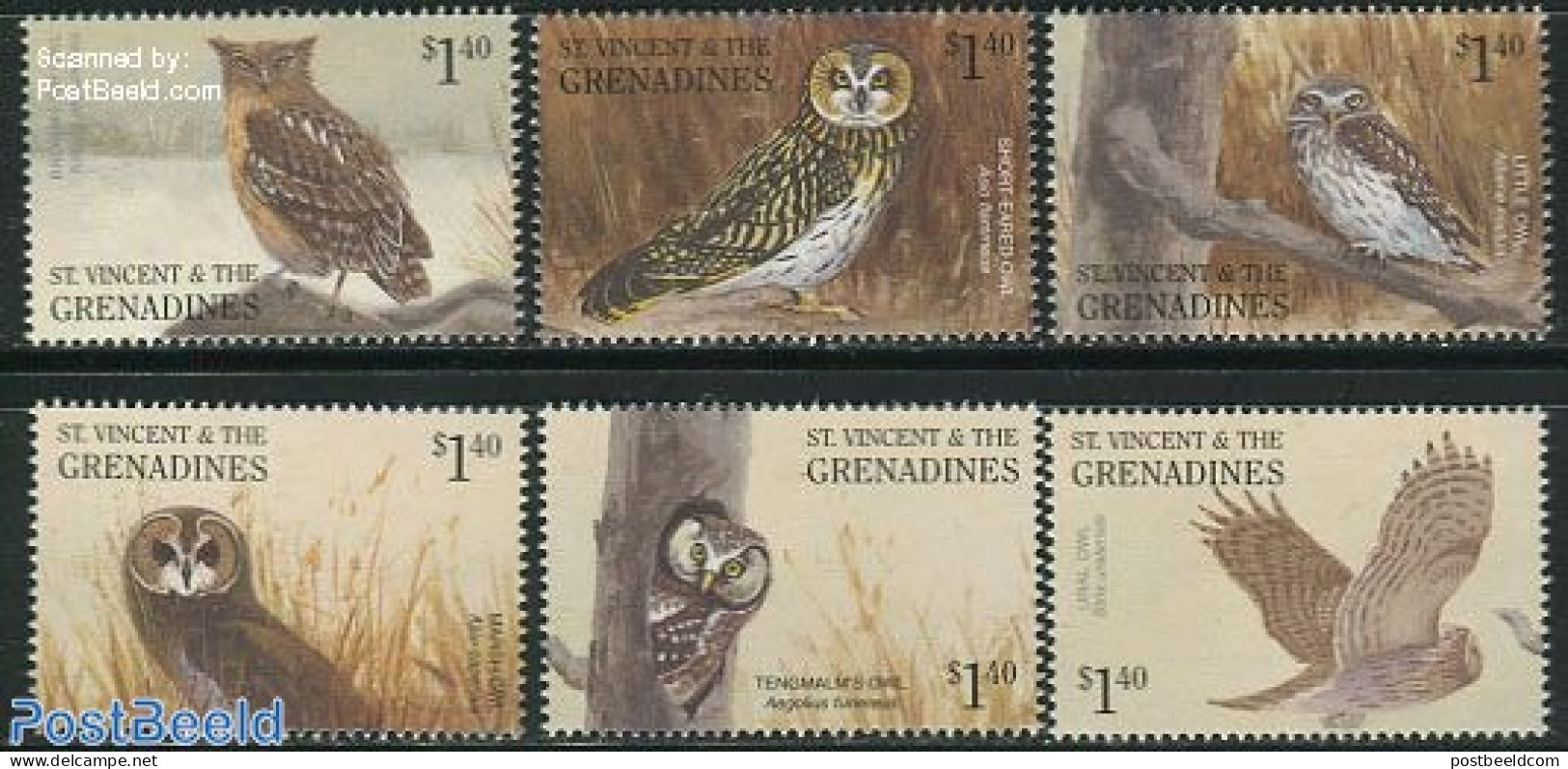 Saint Vincent 2001 Owls 6v, Mint NH, Nature - Birds - Birds Of Prey - Owls - St.Vincent (1979-...)
