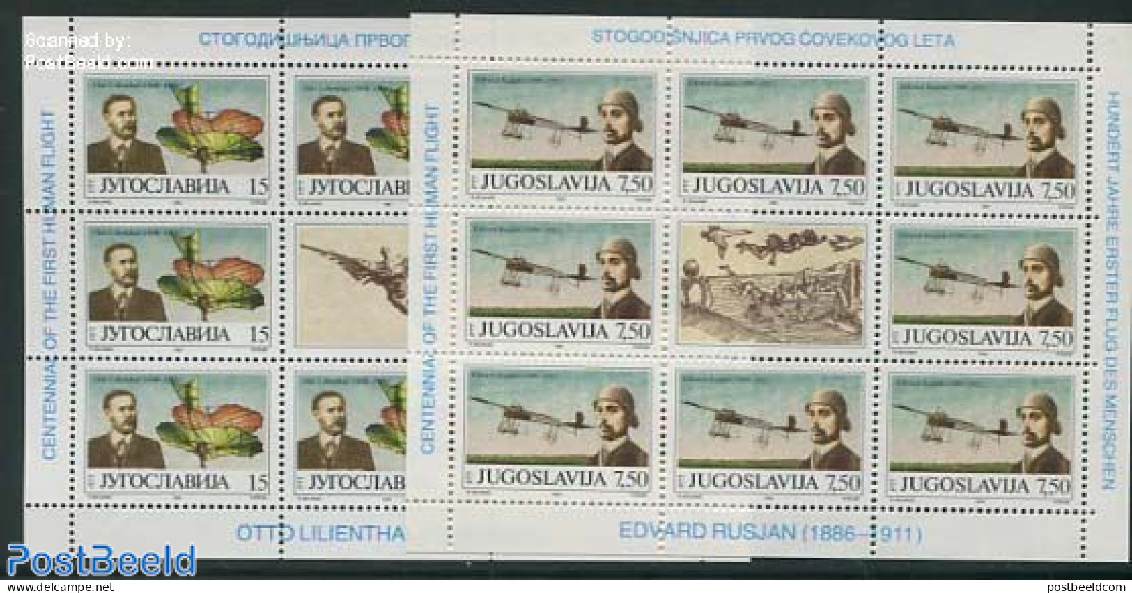 Yugoslavia 1991 Lilienthal Flight Centenary 2 M/ss, Mint NH, Transport - Aircraft & Aviation - Nuevos