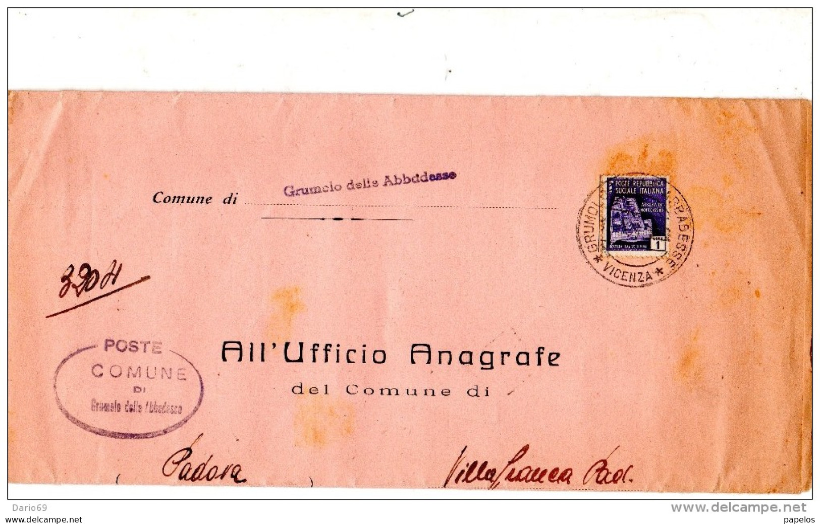 1945  LETTERA CON ANNULLO  GRUMOLO DELLE ABADESSE VICENZA - Marcophilie