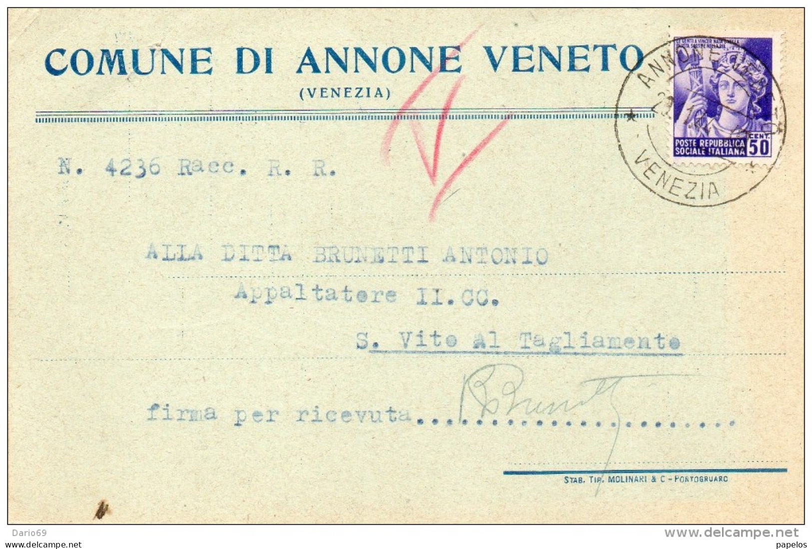 1944  CARTOLINA CON ANNULLO ANNONE VENETO VICENZA - Marcophilie