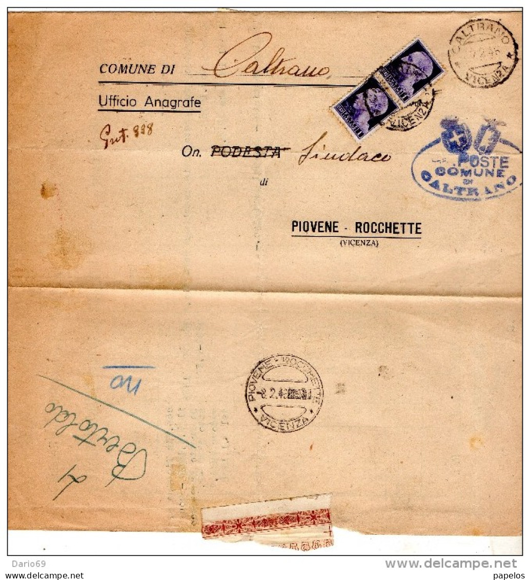 1946  LETTERA CON ANNULLO CALTRANO VICENZA - Marcofilie