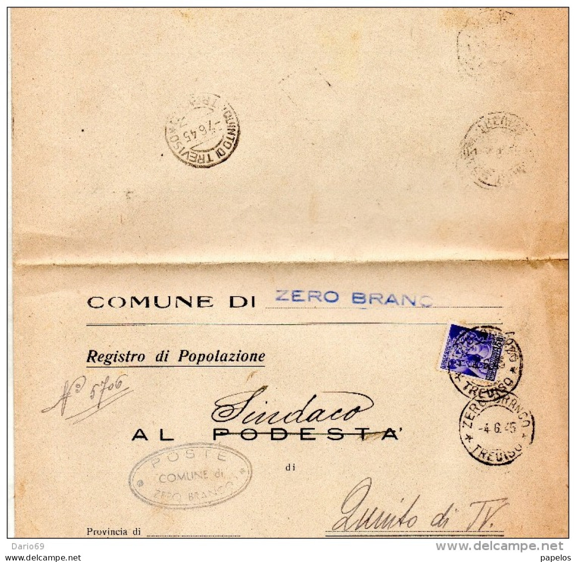 1945  LETTERA CON ANNULLO ZERO BRANCO  TREVISO + QUINTO - Marcophilia