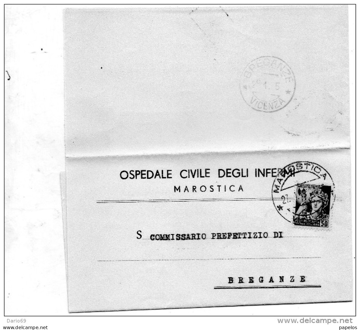 1945  LETTERA CON ANNULLO MAROSTICA VICENZA + BREGANZE - Marcofilía