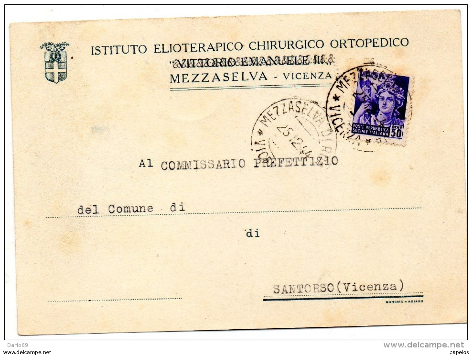 1944  CARTOLINA CON ANNULLO MEZZASELVA VICENZA - Marcophilia