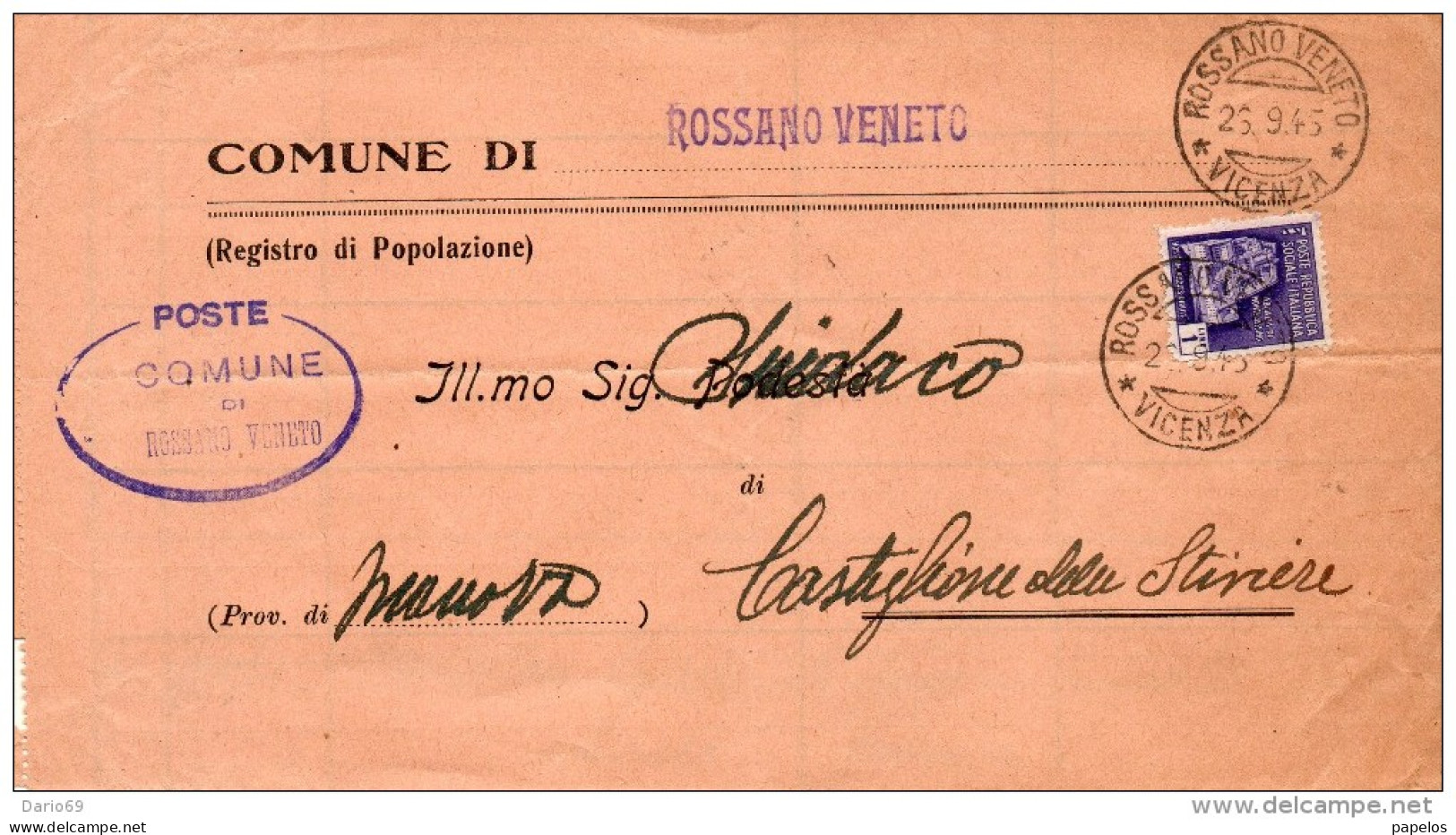 1945 LETTERA CON ANNULLO ROSSANO VENETO VICENZA - Marcophilie