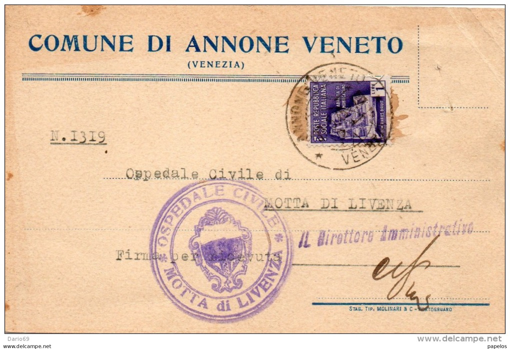 1945 CARTOLINA  CON ANNULLO ANNONE VENETO VENEZIA - Marcophilia