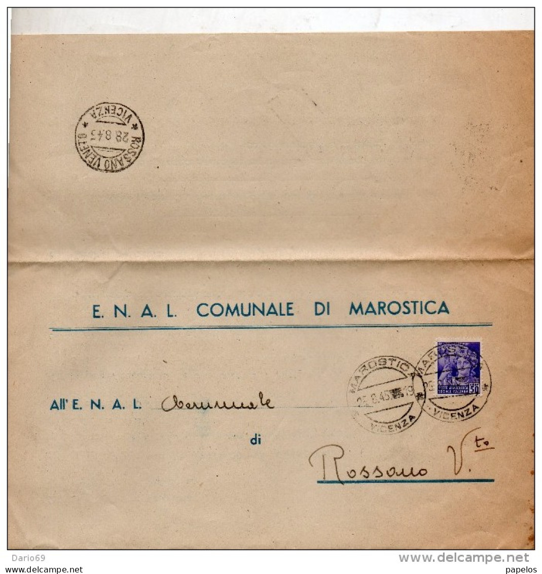 1945  LETTERA CON ANNULLO MAROSTICA VICENZA + ROSSANO VENETO - Marcophilie