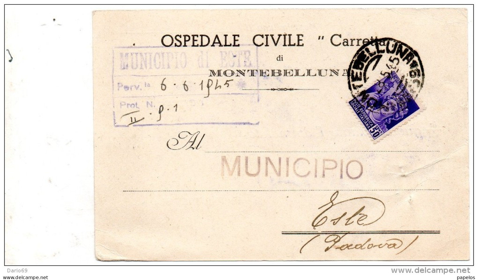 1945   CARTOLINA CON ANNULLO MONTEBELLUNA TREVISO - Marcophilia