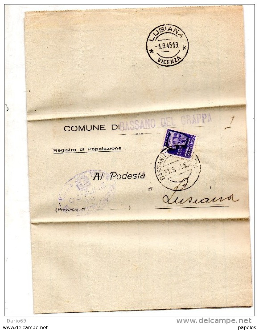 1945  LETTERA CON ANNULLO BASSANO DEL GRAPPA VICENZA + LUSIANA - Marcophilie