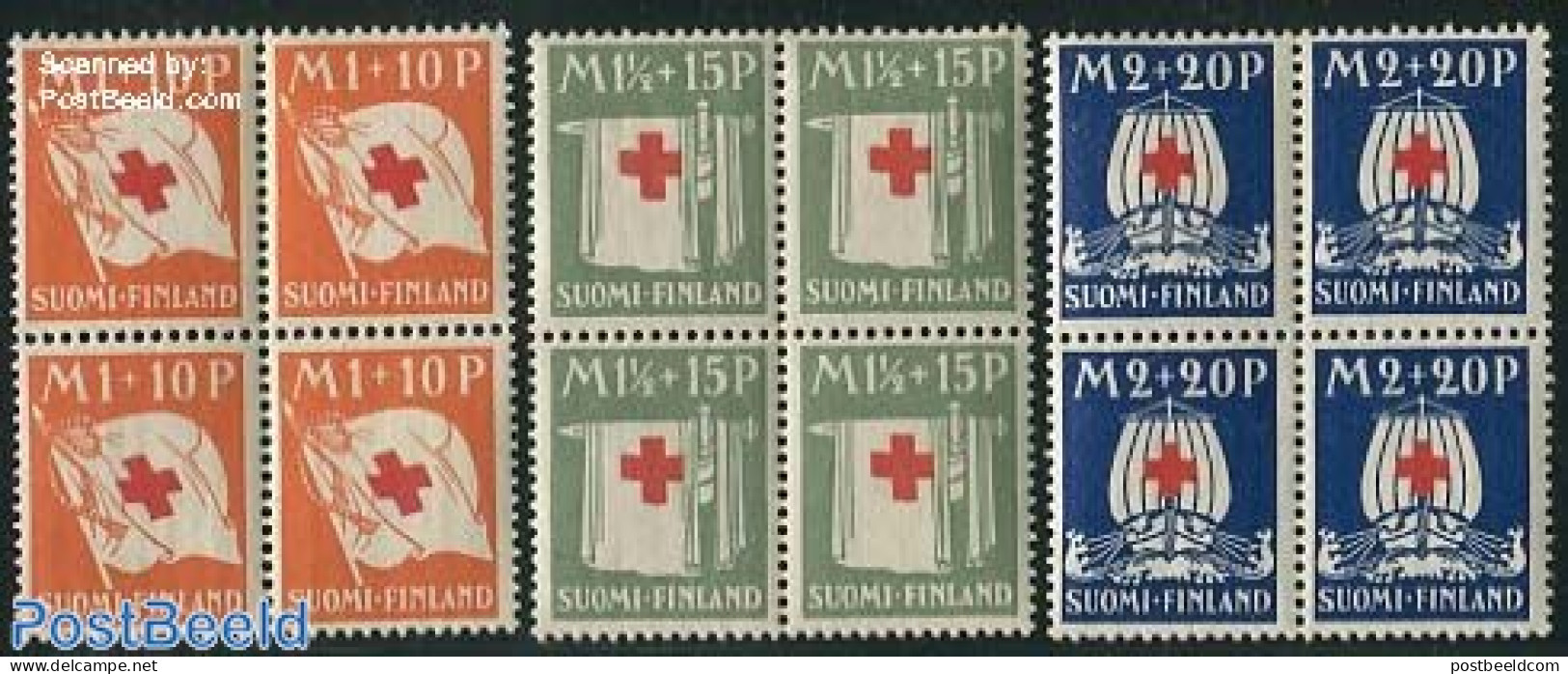 Finland 1930 Red Cross 3v, Blocks Of 4 [+], Mint NH, Health - Transport - Red Cross - Ships And Boats - Nuevos