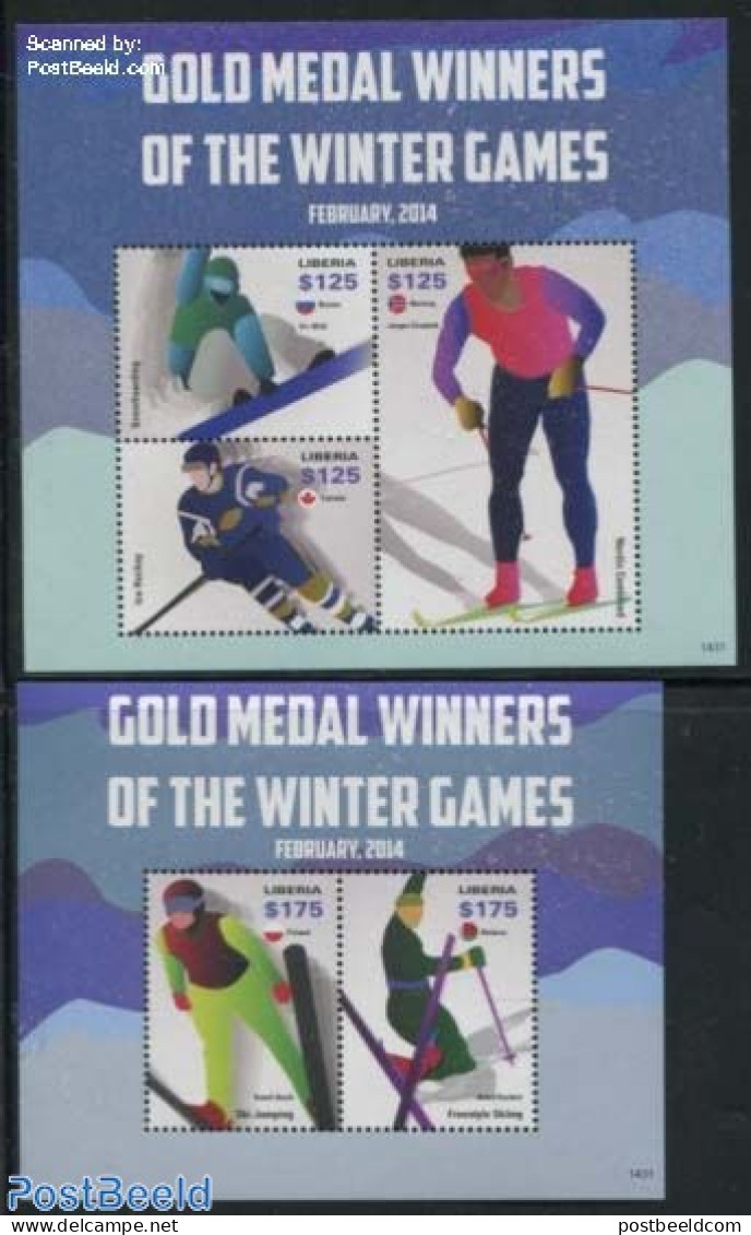 Liberia 2014 Gold Medal Winners Of The Winter Games 2 S/s, Mint NH, Sport - Ice Hockey - Olympic Winter Games - Skiing - Hockey (Ijs)