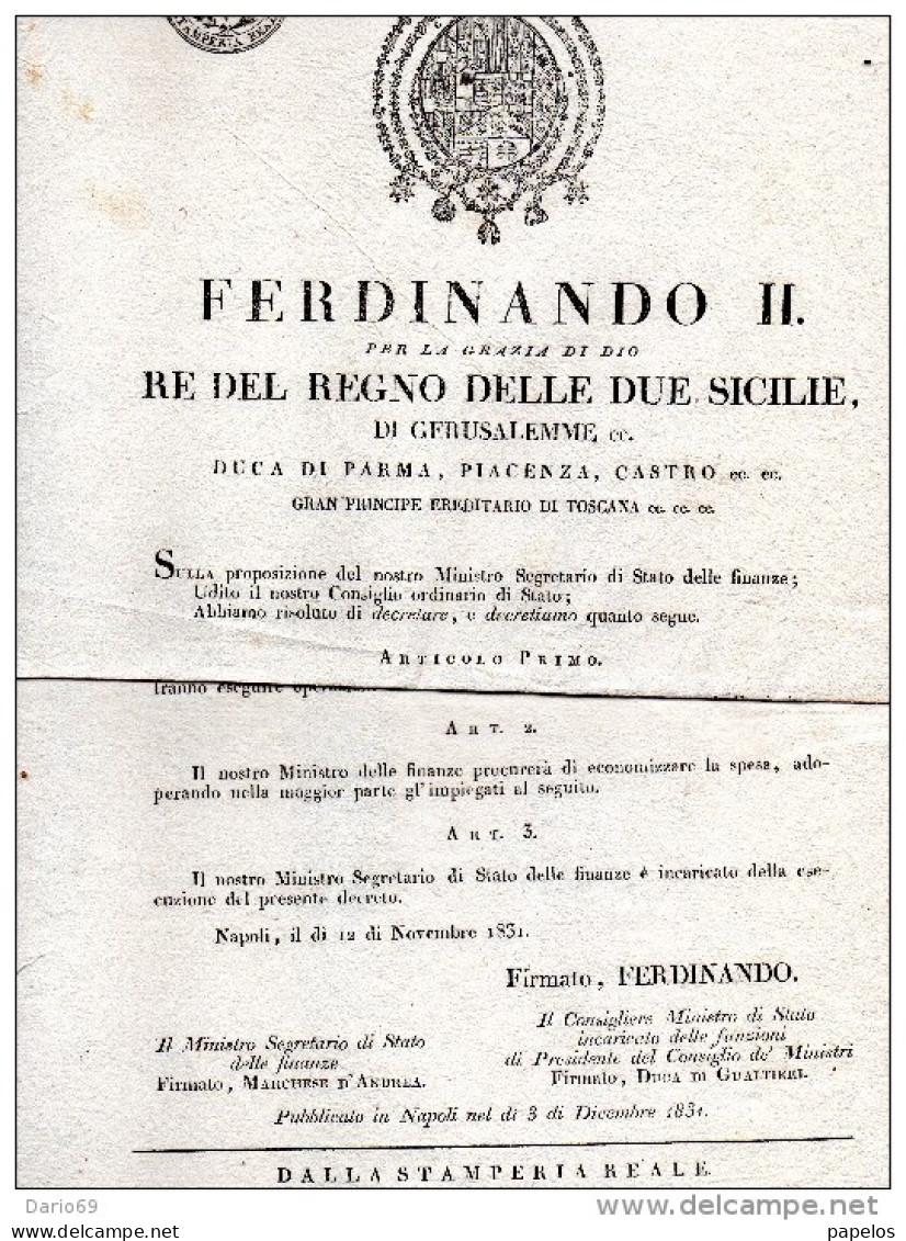 1831 DECRETO - FERDINANDO II RE DEL REGNO DELLE DUE SICILIE DI GERUSALEMME Ec.  DUCA DI PARMA - Decreti & Leggi