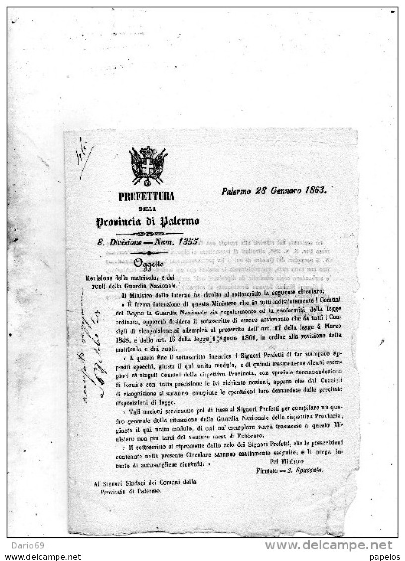 1863  PALERMO  -  REVISIONE DELLA MATRICOLA E DEI RUOLI DELLA GUARDIA NAZIONALE - Decreti & Leggi