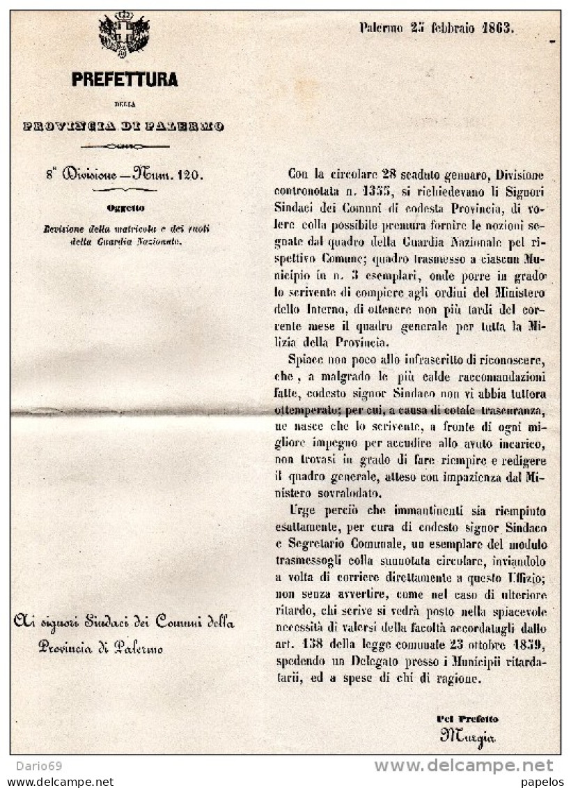 1863  PALERMO  -  REVISIONE DELLA MATRICOLA E DEI RUOLI  DELLA GUARDIA NAZIONALE - Decreti & Leggi