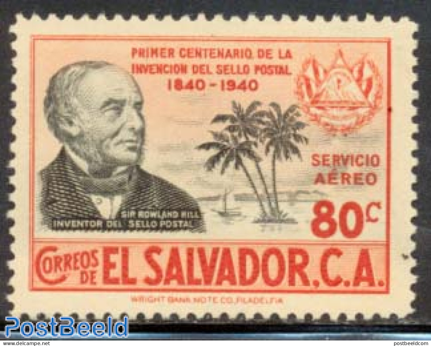 El Salvador 1940 80C, Stamp Out Of Set, Unused (hinged), Sir Rowland Hill - Rowland Hill
