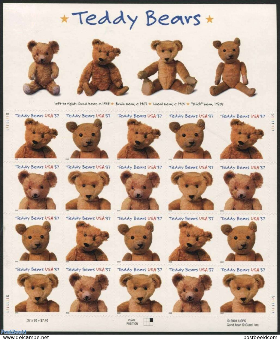 United States Of America 2002 Teddy Bears M/s S-a, Mint NH, Various - Teddy Bears - Toys & Children's Games - Ongebruikt