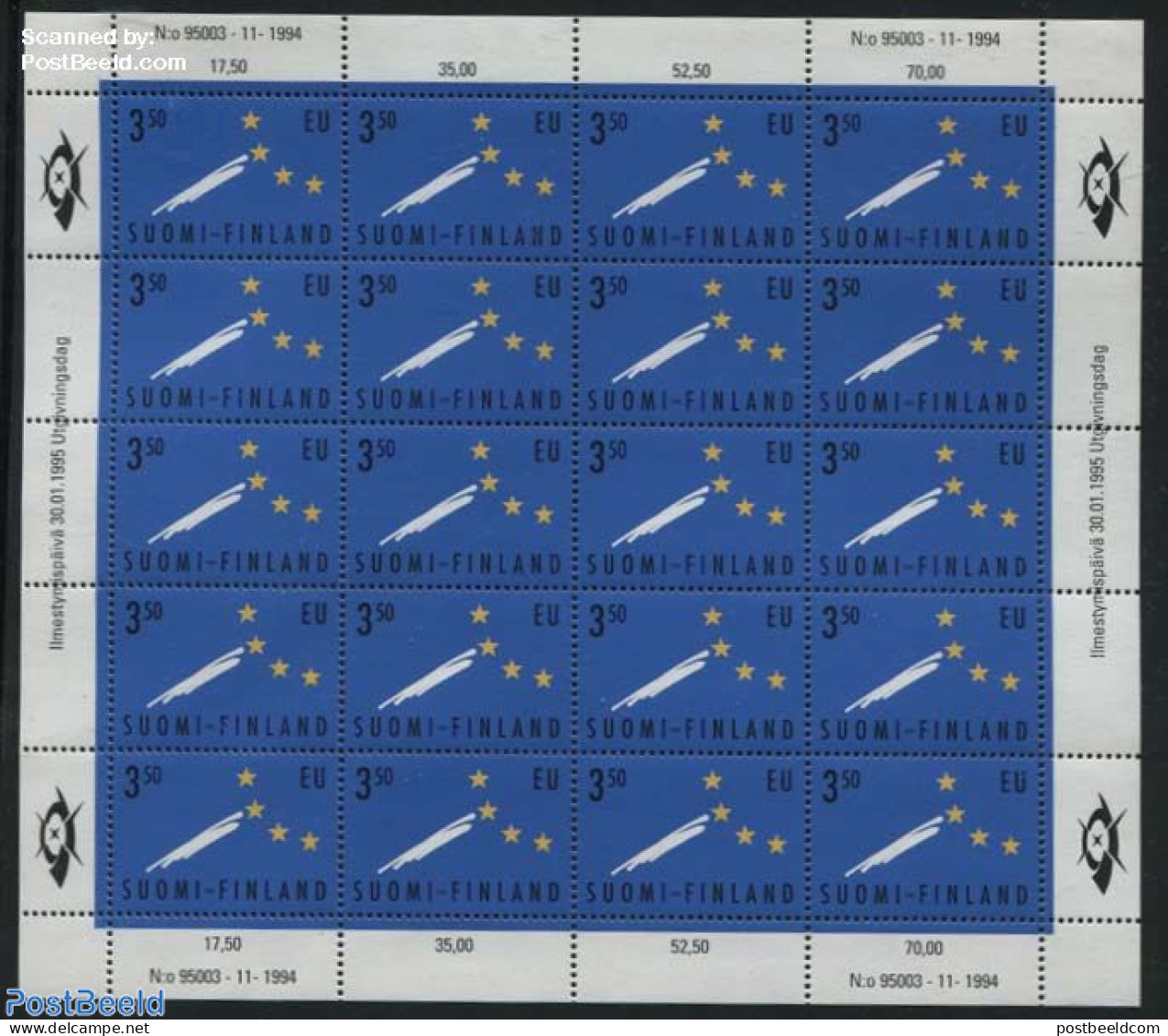 Finland 1995 European Union M/s, Mint NH, History - Europa Hang-on Issues - Ongebruikt