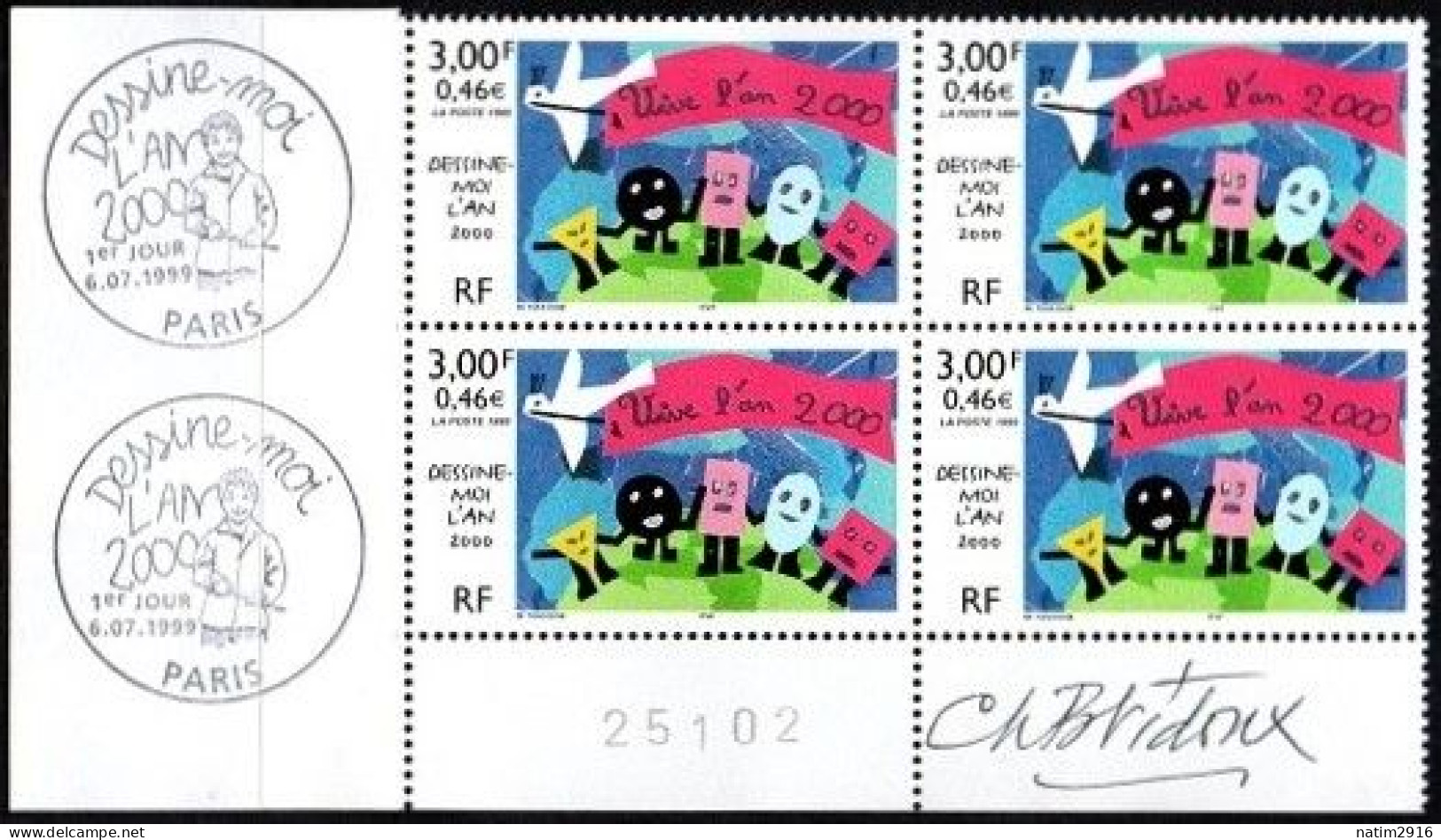 FRANCE YT3260 DESSINE-MOI L'AN 2000 - BLOC DE 4 TIMBRES AVEC OBLITÉRATION PJ PARIS DANS LA MARGE - Ungebraucht