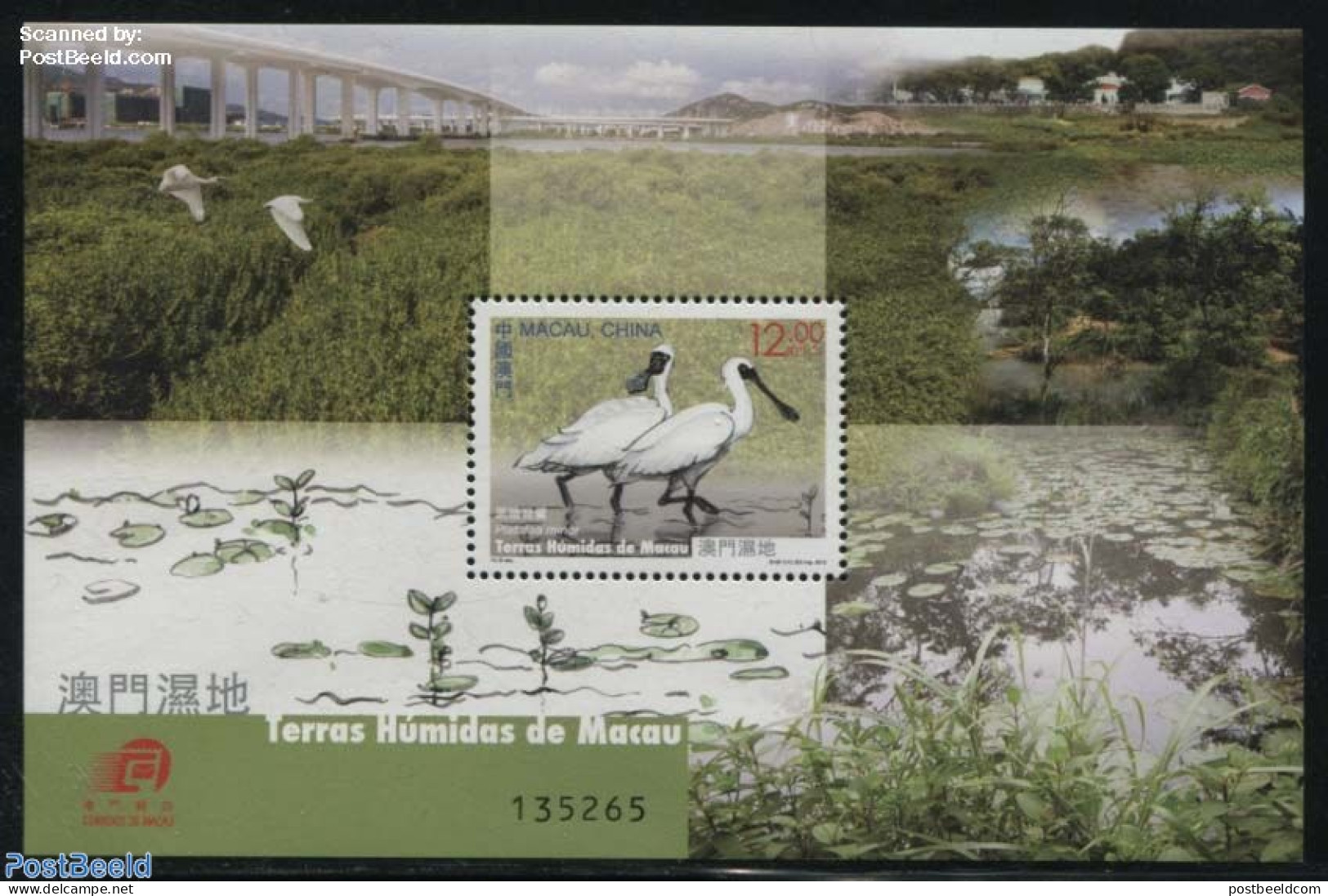 Macao 2015 Wetlands S/s, Mint NH, Nature - Birds - Water, Dams & Falls - Art - Bridges And Tunnels - Unused Stamps