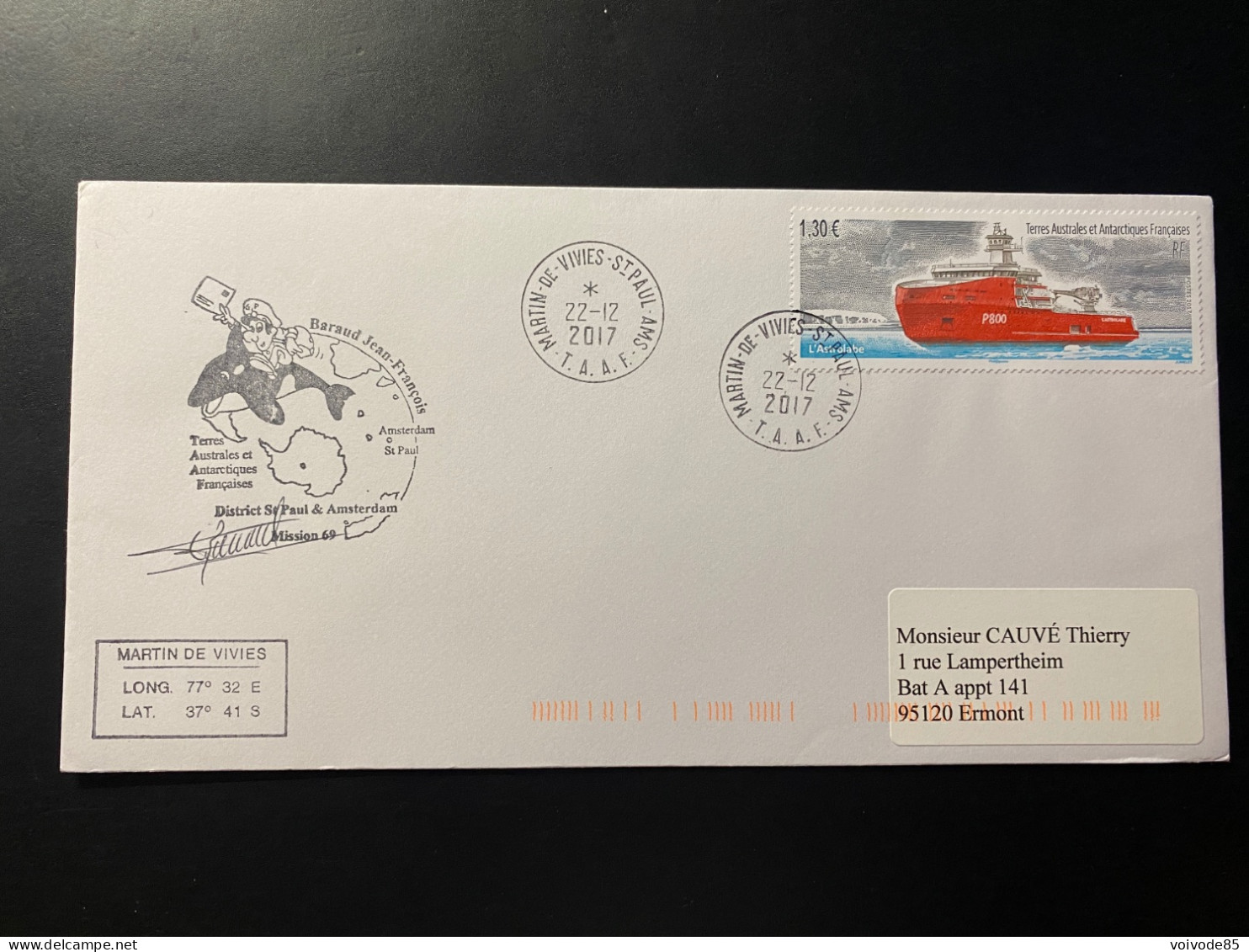 Lettre "Bateaux - Navire L'Astrolabe" 22/12/2017 - 869 -TAAF - Saint Paul - Covers & Documents