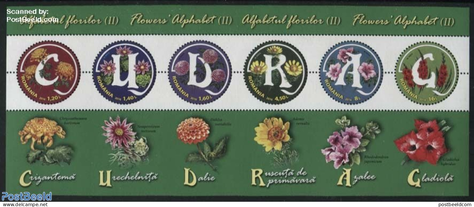 Romania 2016 Flower Alphabet S/s, Mint NH, Nature - Various - Flowers & Plants - Round-shaped Stamps - Unused Stamps