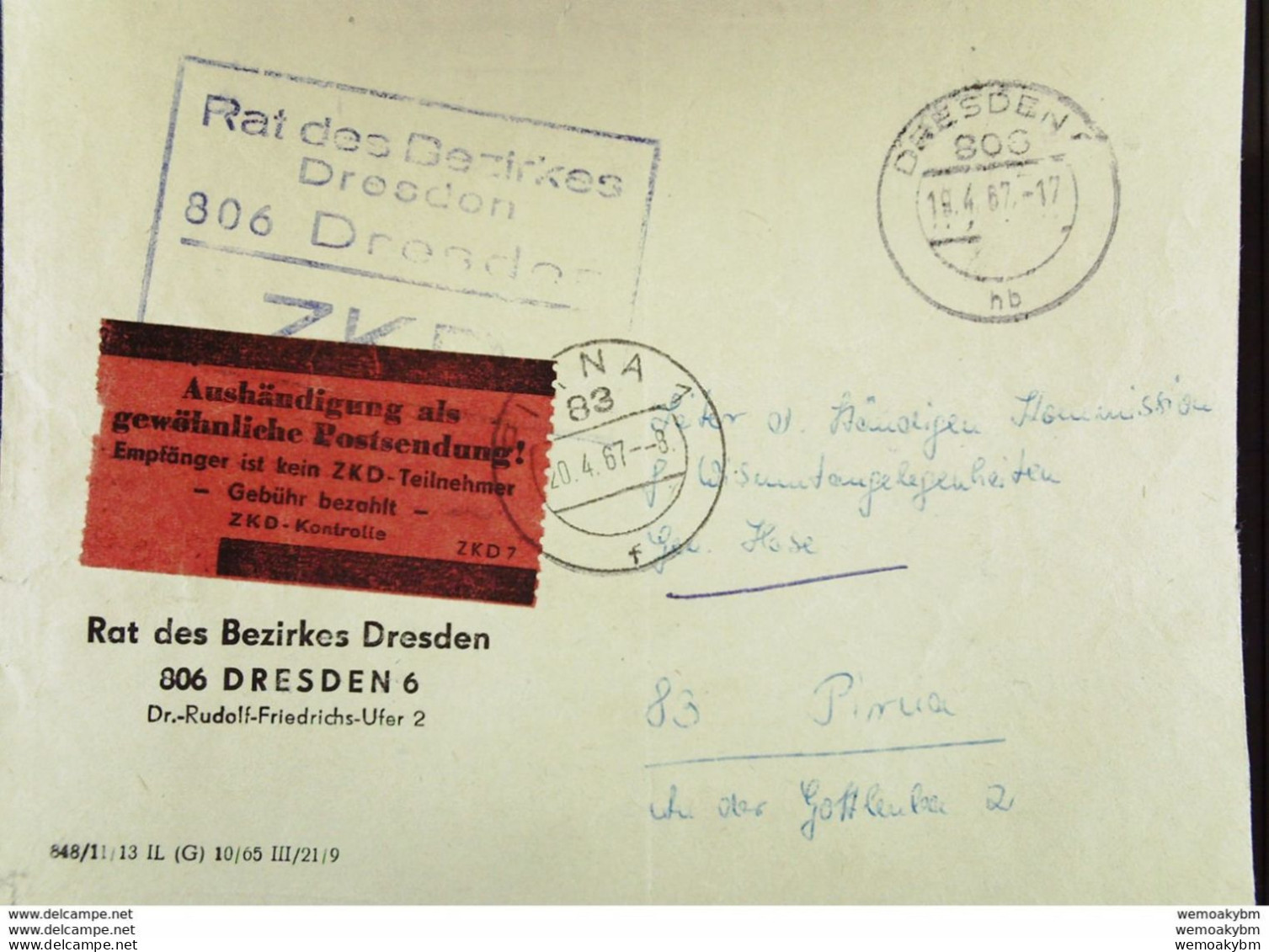 DDR-Dienst: Brief Mit Aufkleber "Aushändigung Als Gewöhnl. Postsendung! ..." Aus Dresden 18.4.67, Mischzähnung - Briefe U. Dokumente