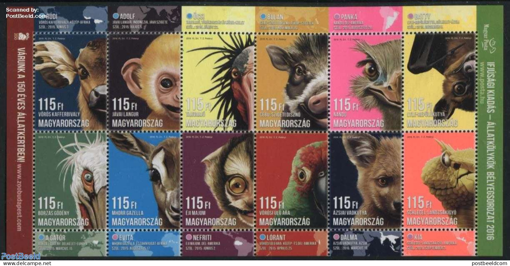 Hungary 2016 Budapest Zoo 12v M/s, Mint NH, Nature - Animals (others & Mixed) - Bats - Birds - Birds Of Prey - Deer - .. - Nuovi