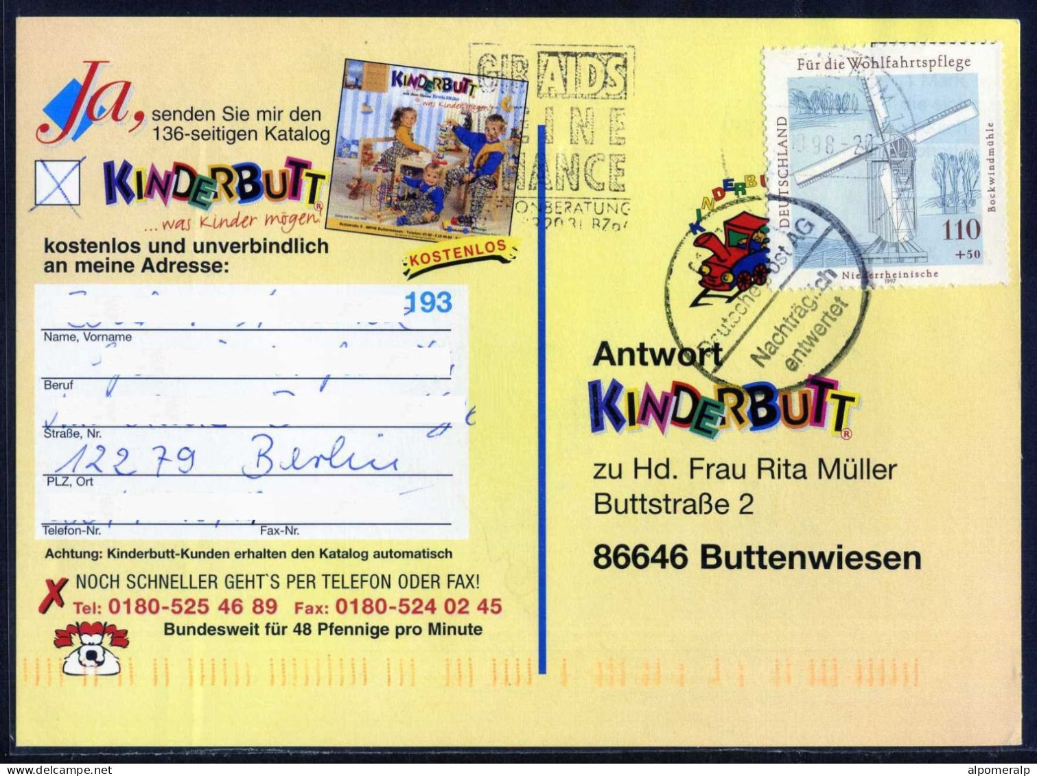Germany 1997 Windmill Single Stamp Domestic Postcard | Mi 1950 Lower Rhine, Mills - Windmills