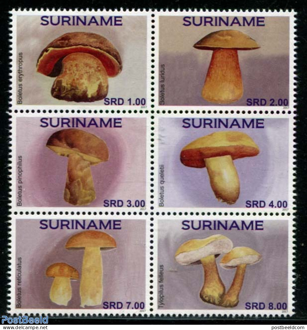 Suriname, Republic 2017 Mushrooms 6v [++], Mint NH, Nature - Mushrooms - Champignons