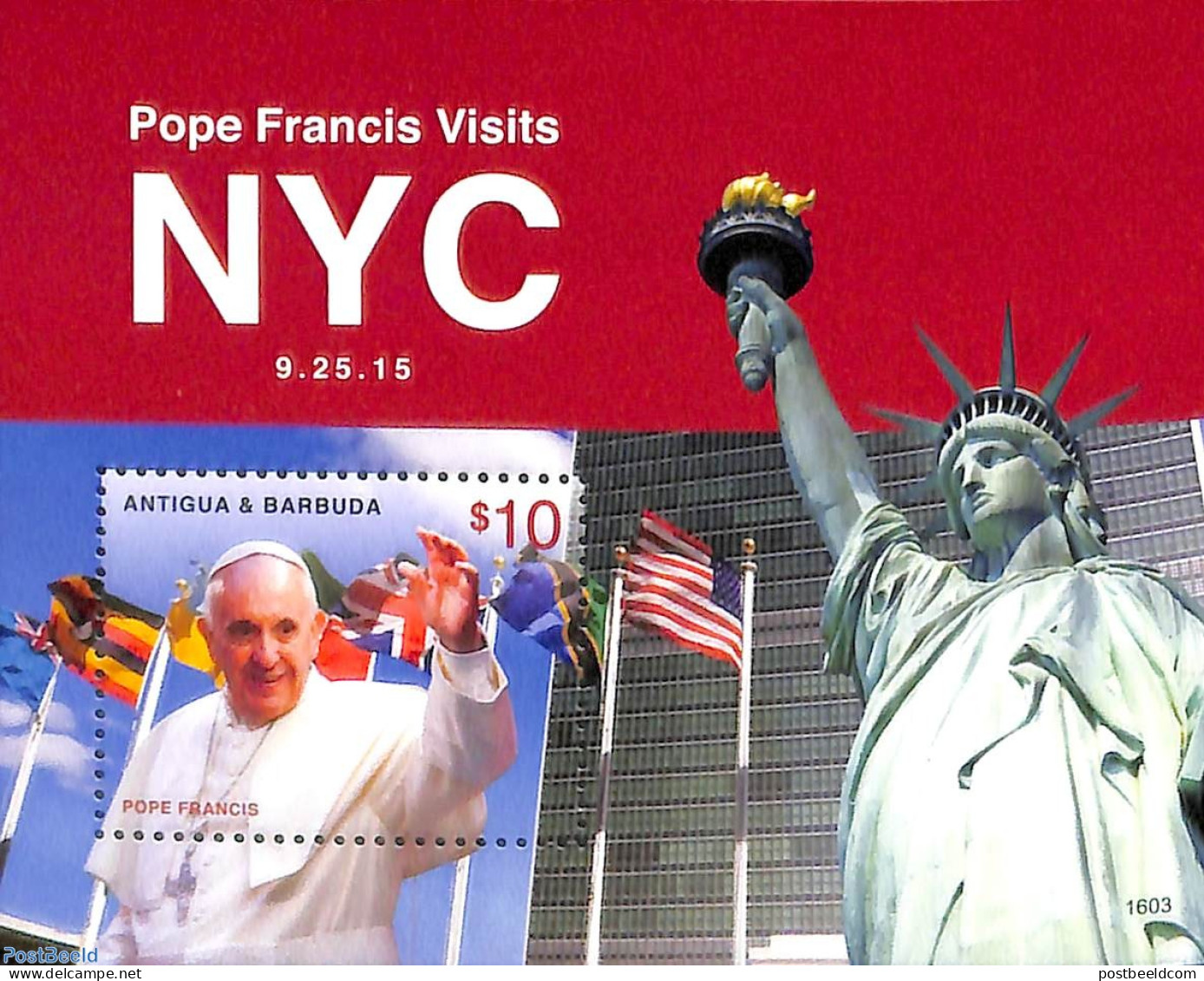Antigua & Barbuda 2016 Pope's Visit To New York S/s, Mint NH, History - Religion - Peace - Religion - Antigua Y Barbuda (1981-...)