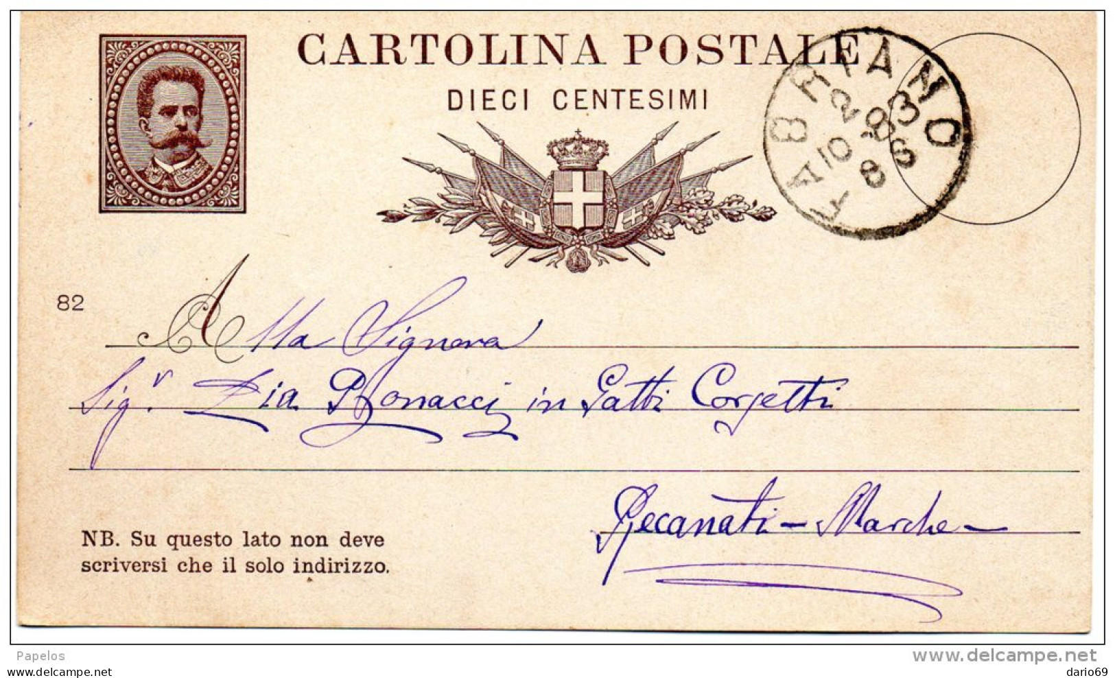 1883  CARTOLINA CON ANNULLO FABRIANO - Postwaardestukken