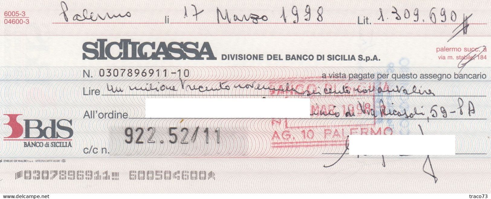 SICILCASSA - BANCO DI SICILIA (Periodo Di Transizione) - Assegno Bancario - Other & Unclassified