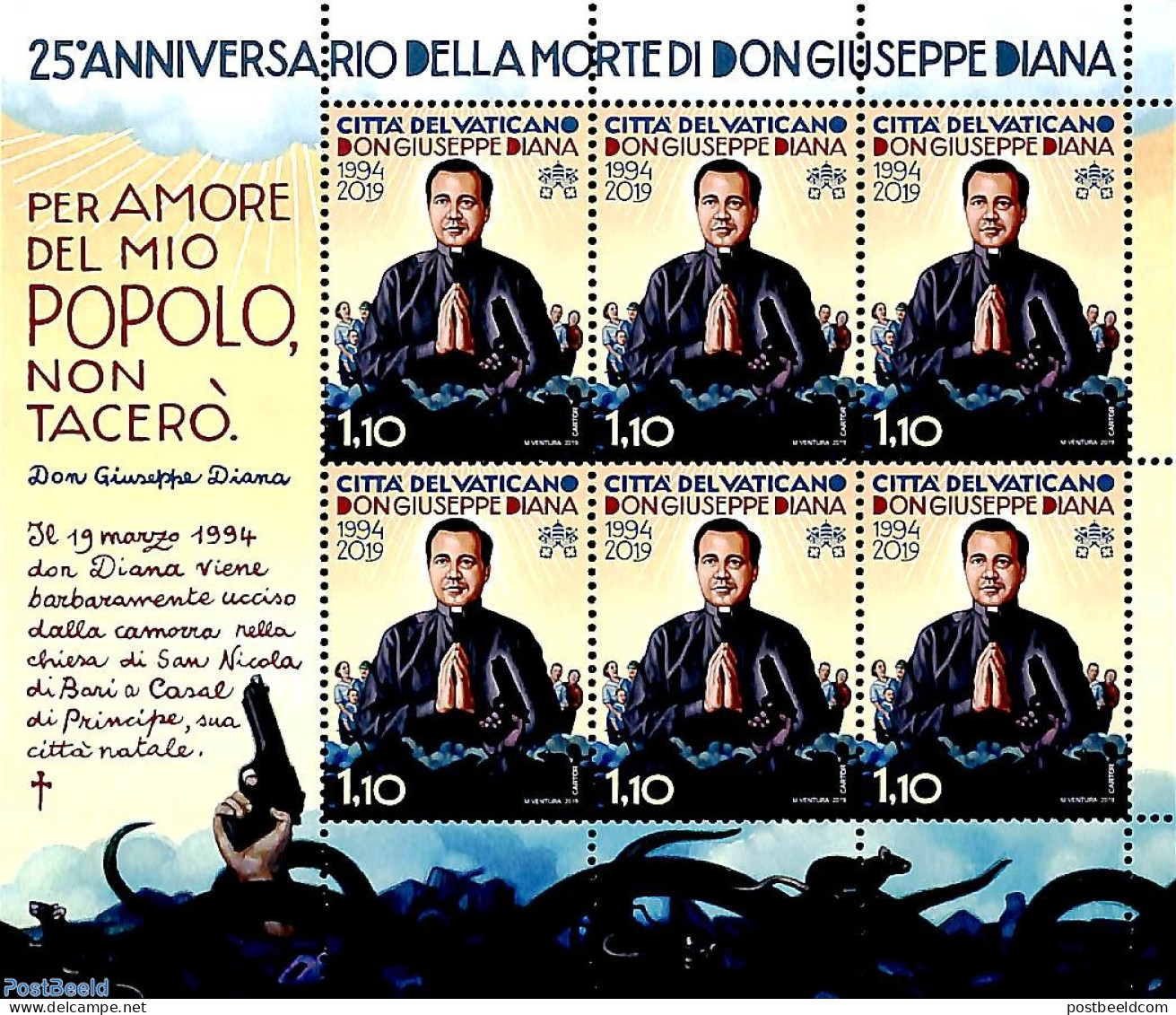 Vatican 2019 Don Giuseppe Diana M/s, Mint NH, Religion - Religion - Unused Stamps