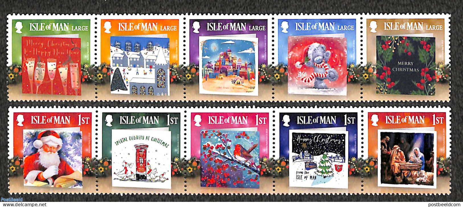 Isle Of Man 2019 Christmas 10v (2x [::::]), Mint NH, Nature - Religion - Birds - Christmas - Mail Boxes - Weihnachten