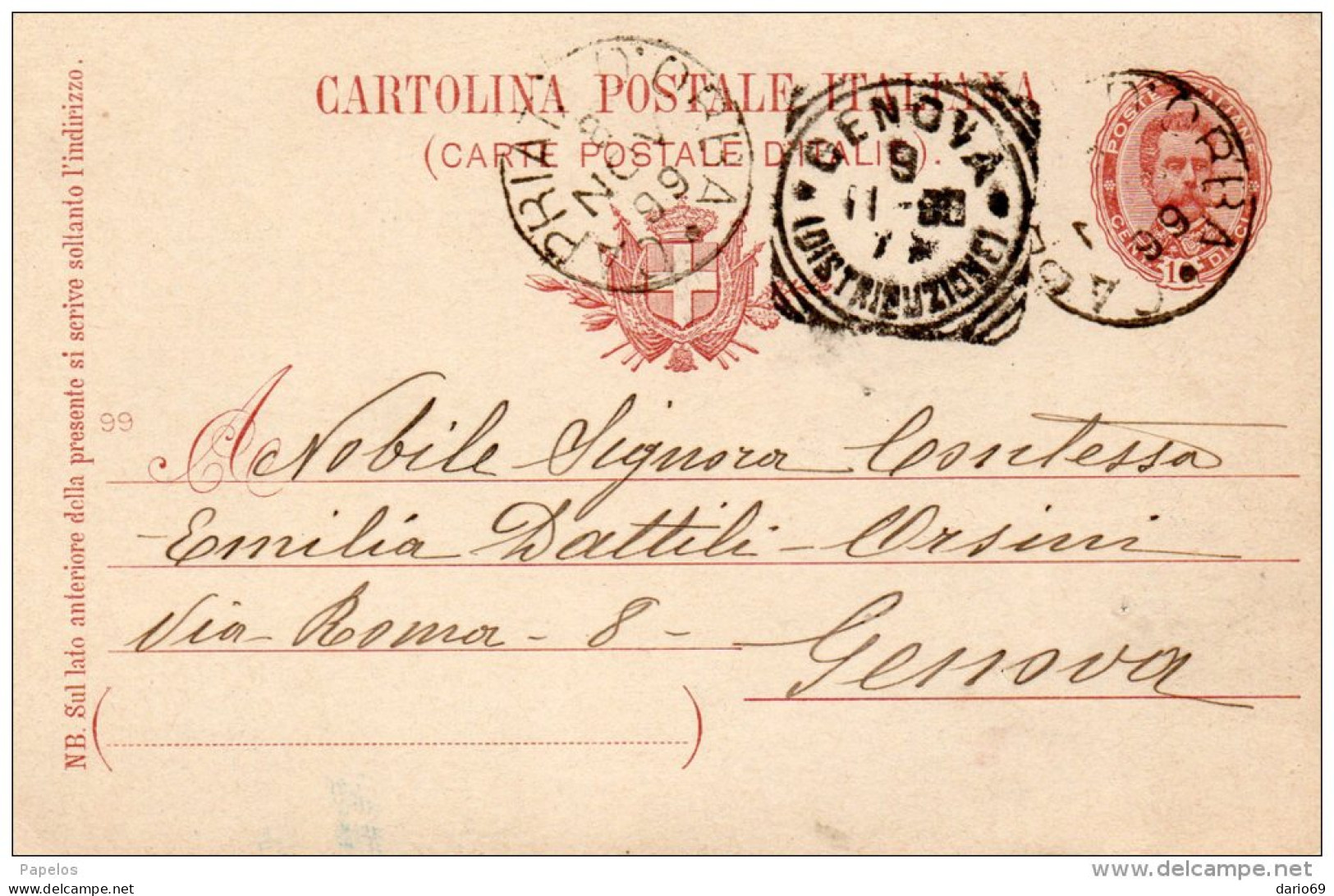 1899  CARTOLINA CON ANNULLO CAPRIATA D'ORBA ALESSANDRIA - Ganzsachen