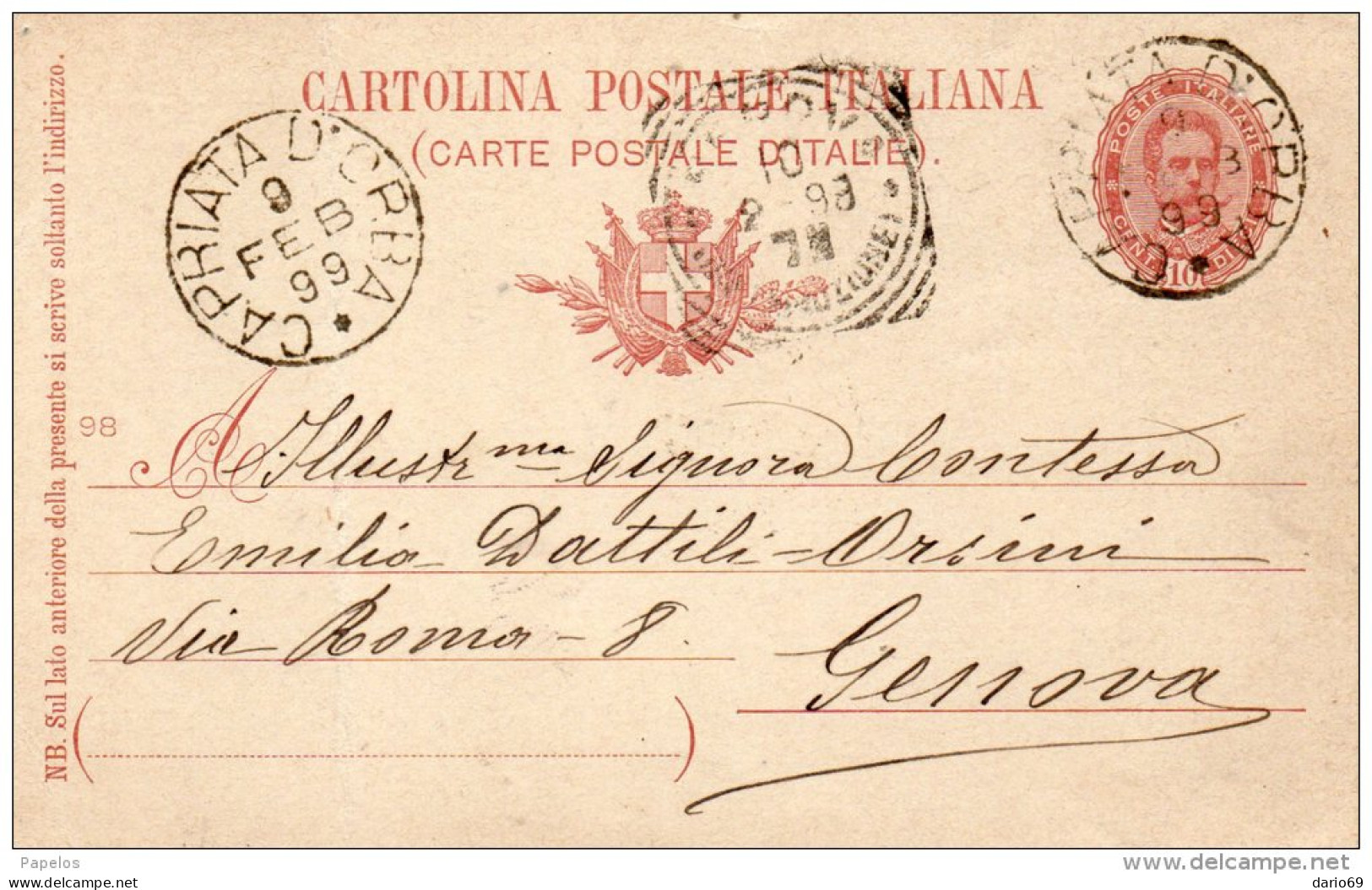 1899  CARTOLINA CON ANNULLO CAPRIATA D'ORBA ALESSANDRIA - Stamped Stationery