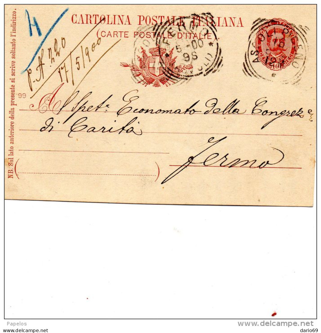 1900  CARTOLINA CON ANNULLO ASCOLI PICENO - Stamped Stationery