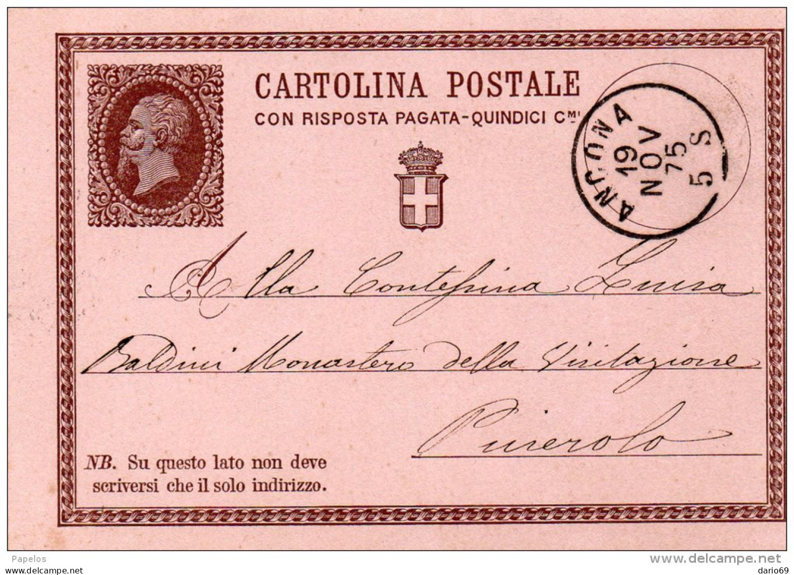 1875  CARTOLINA CON ANNULLO ANCONA - Ganzsachen