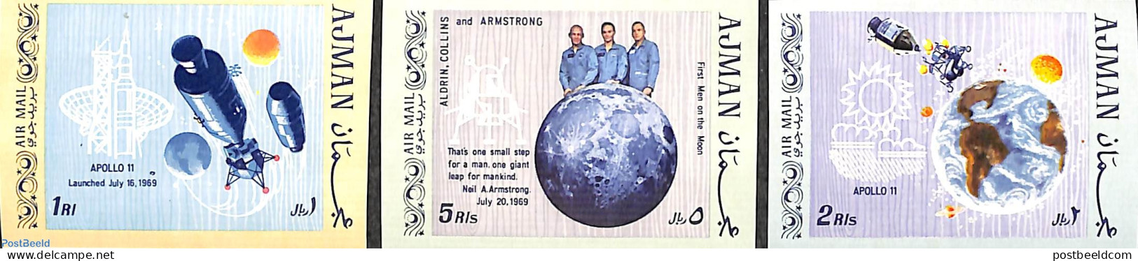 Ajman 1969 Moonlanding 3v, Imperforated, Mint NH, Transport - Space Exploration - Adschman