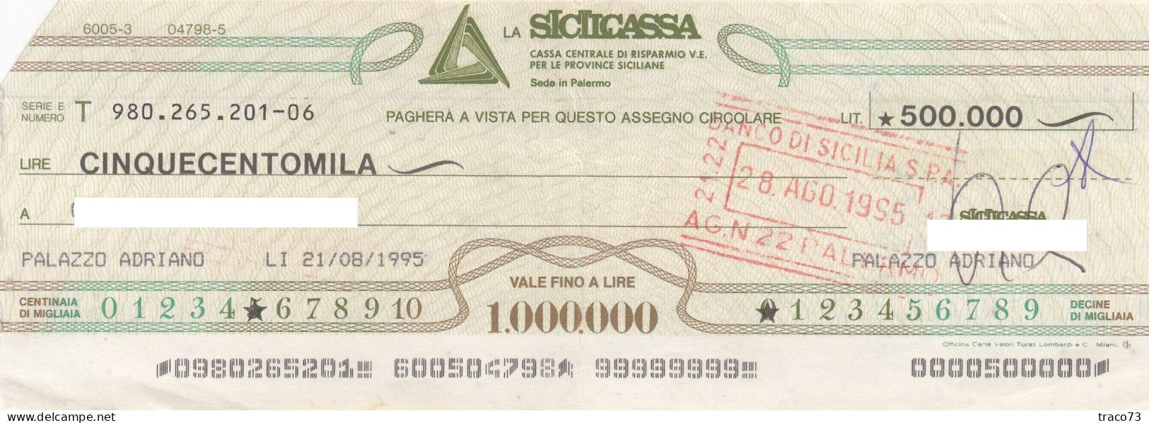 SICILCASSA  /   Assegno CIRCOLARE Fino Ad Un Milione  - Taglio Fisso Da Un Milione - Altri & Non Classificati