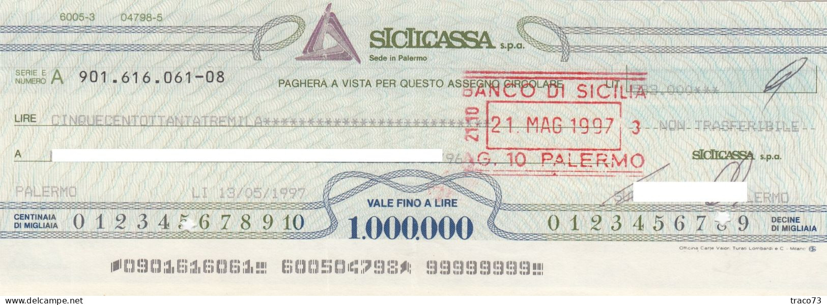 SICILCASSA  /   Assegno CIRCOLARE Fino Ad Un Milione  - Taglio Fisso Da Un Milione (variante Di Colore) - Other & Unclassified